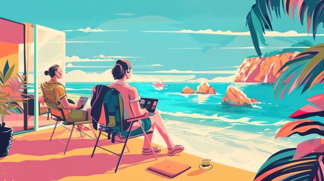Digital nomads traveling the world while working remotely from various destinations. Illustrations - Powered by Adobe