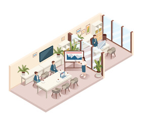 Isometric meting room with a presenter explaining data on a board to a group, teamwork, presentation, and corporate culture. Great for business, education, and collaboration. Vector illustration