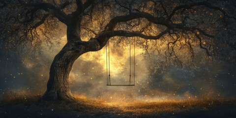 An ancient tree with a swing hanging from its branches, representing the joy of childhood and the magic of timeless moments