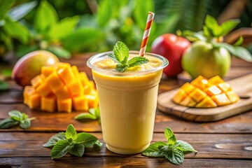 Refreshing Mango Milkshake in a Plastic Cup, Tropical Drink, Smoothie Delight, Summer Beverage, Creamy Dessert, Healthy Snack, Vibrant Colors, Refreshing Treat, Cold Drink, Fruit Shake,