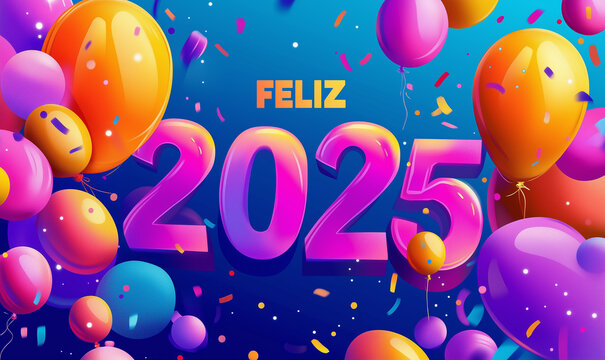 Banner Wallpaper de Feliz 2025 en idioma espa&ntilde;ol castellano. Texto sobre fondo azul con globos de colores. 
