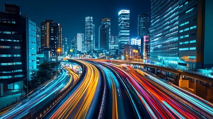 Obraz premium Cityscape with Light Trails from Traffic on a Highway at Night