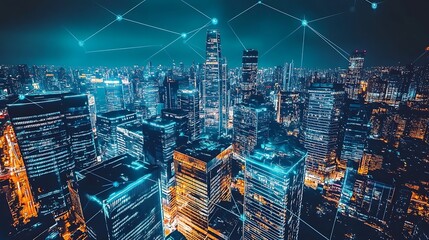 Fototapeta premium A Network of Illuminated Skyscrapers in a Modern City at Night