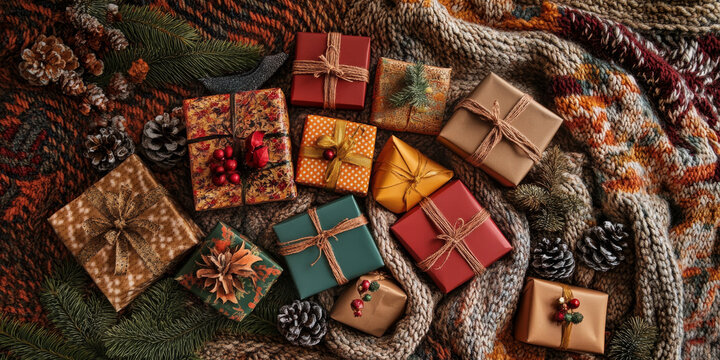 A collection of holiday gift boxes and decorations arranged on a cozy knitted blanket, radiating warmth and cheer