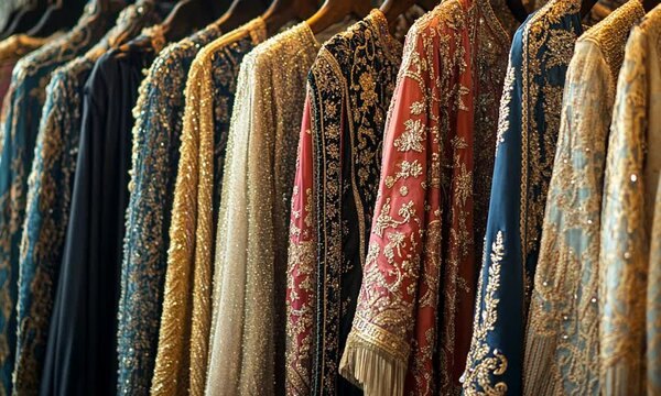 A collection of intricately designed and embellished garments displayed on hangers.