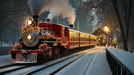 A red train with Christmas lights pulls into a snowy station on a winter evening