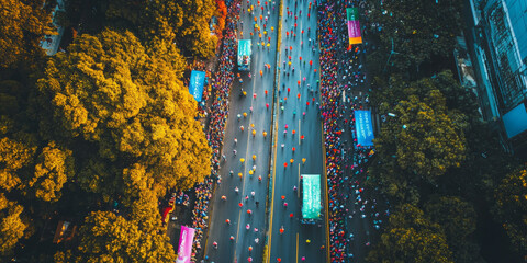 An aerial view of a marathons route, lined with cheering crowds and colorful banners along the path