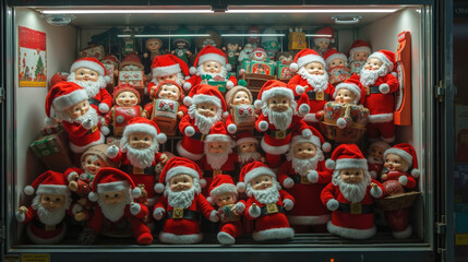 A display case filled with lots of santa claus figurines in a store