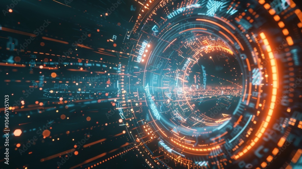 Poster futuristic head up display tunnel rotating with digital information and data flowing rapidly through
