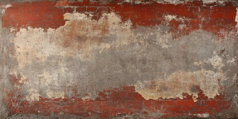 Obraz premium Rough brick wall texture in faded red and gray, with patches of worn-out paint and natural decay
