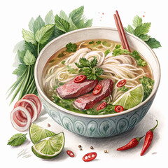 Vietnamese Spicy Beef Noodle Soup (Bun Bo Hue) Watercolor Illustration - Traditional Street Food Art