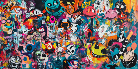 Colorful graffiti wall background featuring various street art styles, perfect for a youthful and edgy vibe