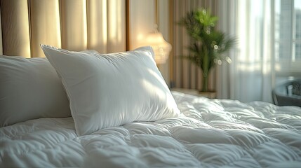 A white pillow with a white comforter and sheets on a bed with sunlight shining through a window.