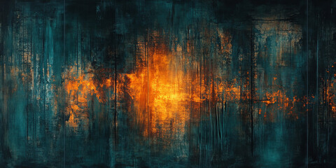 Vintage grunge texture art featuring dark teal shades and a warm orange light fading through scratches and worn details, creating an old-timey, nostalgic feel