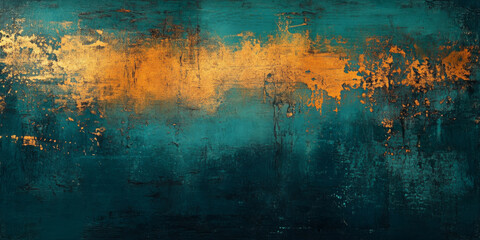 Vintage grunge texture art featuring dark teal shades and a warm orange light fading through scratches and worn details, creating an old-timey, nostalgic feel