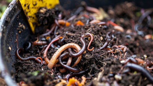 A detailed view of a worm composting bin showcasing the process of using worms to break down food waste into compost.
