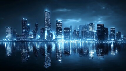 Obraz premium Illuminated Cityscape with Skyscrapers Reflected in Water at Night
