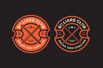 billiard cue crossed, pool cue crossed retro badge logo design for billiard sport club. snooker cue crossed, billiard stick crossed vintage emblem logo collection for billiard snooker pool tournament
