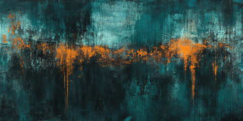 A distressed abstract background in dark teal with highlights of warm orange light, rough textures, and layered grunge patterns for a vintage-inspired look