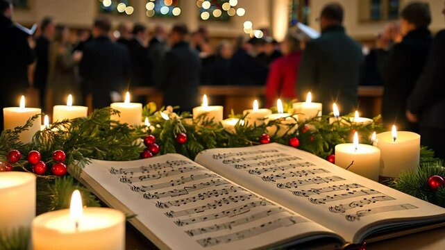 Lit candles and sheet music adorn a table, illuminated by the glow of a choir singing in the background