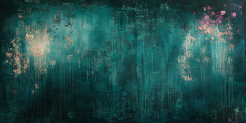 Obraz premium Vintage-inspired grunge texture in deep teal with faint magenta light, layered with abstract details and an aged, artistic look