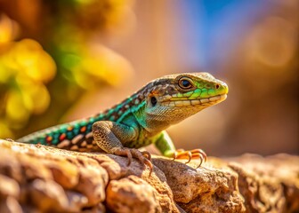Fototapeta premium Sand Lizard on a Wall in Israel - Tilt-Shift Photography Capturing Nature's Beauty, Wildlife, and Unique Habitat in a Miniature Perspective