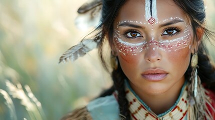 Portrait of a woman in traditional Native American dress, her face marked with symbolic paint, meeting the viewer’s eyes with quiet strength. Background hints at blurred nature, artistic soft focus,