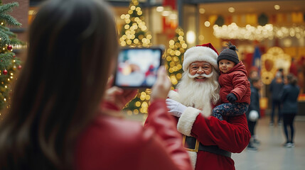 A woman taking a picture of Santa Claus with a baby