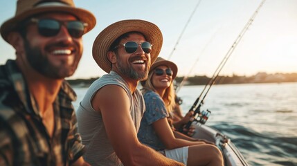 Three friends enjoy a sunny fishing trip together on a boat during golden hour, surrounded by calm waters and scenic views