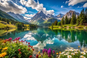 Scenic Mountain Lake on a Sunny Day - Breathtaking Architectural Photography of Nature's Beauty, Serene Waters, Majestic Peaks, and Vibrant Blue Skies Perfect for Travel, Landscape, and Nature Lovers