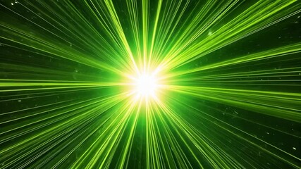 A bright, white light explodes in the center of the image, surrounded by green laser beams radiating outwards