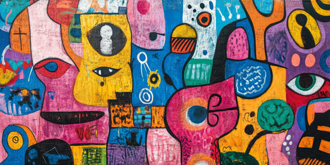 Colorful graffiti wall background featuring various street art styles, perfect for a youthful and edgy vibe