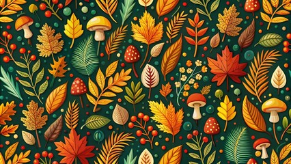 Seamless Autumn Folk Pattern Featuring Leaves, Forest Plants, and Mushrooms Perfect for Seasonal Decor and Nature-Inspired Designs