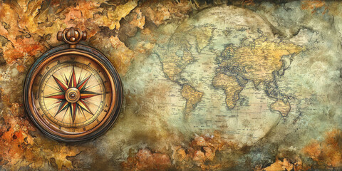Hand painted watercolor of a vintage compass and map with warm antique tones