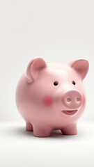 A pink piggy bank sits on a white surface