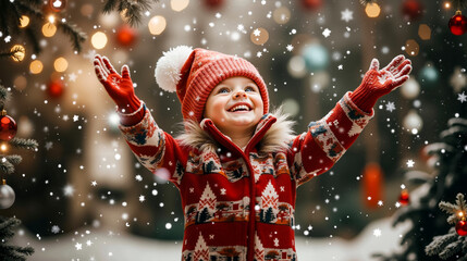 A little girl in a red sweater and a red hat is standing in front of a Christmas tree