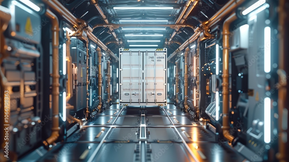 Aufkleber a container floating through a space station.