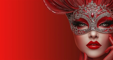 Close-up of woman wearing ornate red and silver masquerade mask with gemstone details, red gloves, and red lipstick on a gradient red background. Banner with copy space. Luxury and masquerade ball con