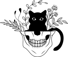 A curious black cat perched inside a decorative skull adorned with leafy plants, blending whimsy with a touch of the macabre