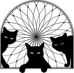 Three cats rest beneath a stunning geometric design, creating an artistic display of shapes and silhouettes in an imaginative setting