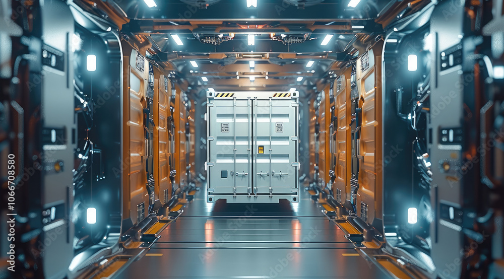 Aufkleber a container floating through a space station.
