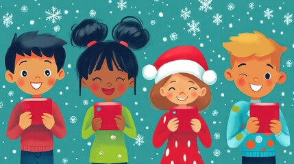 Fototapeta premium Families sending digital holiday cards as a modern, eco-friendly way to share festive greetings. Illustrations