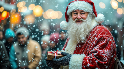 A man dressed as Santa Claus holding a present in the snow