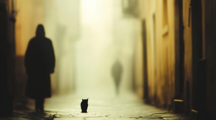 Obraz premium In a fog-drenched alley, a shadowy figure strolls as a cute cat curiously observes the surroundings in the twilight