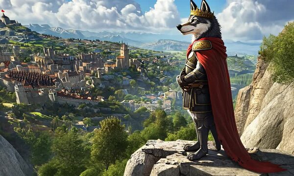 A majestic wolf in armor stands overlooking a vibrant medieval cityscape.
