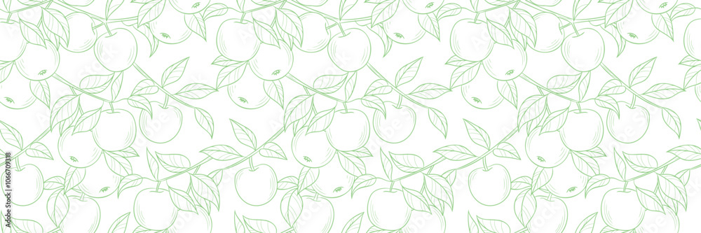 Poster fresh line art apple print banner, vintage vector repeat pattern with fruits, elegant background des