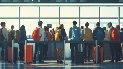 Crowd of People with Backpacks and Suitcases Lining Up at Airport Check-In Counter