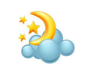 Crescent moon resting on a cloud with stars. Deep night, sleep, or a cozy atmosphere. Suitable for bedtime, night, or relaxing visuals. Vector illustration isolated on white background