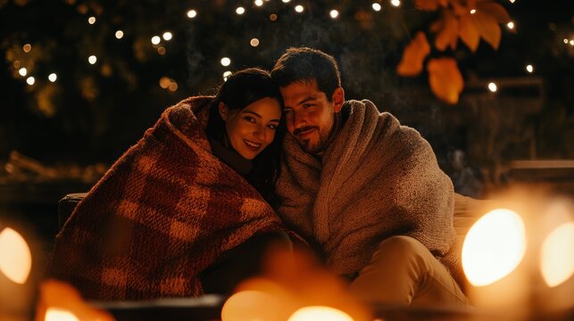 Couple bundled up in cozy blankets, sitting close by a fire pit, with soft embers lighting up their serene expressions. Surrounded by fall leaves and warm lighting.