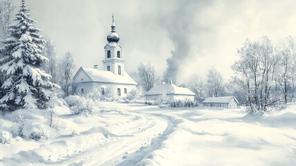 Obraz premium Winter, Christmas landscape illustration